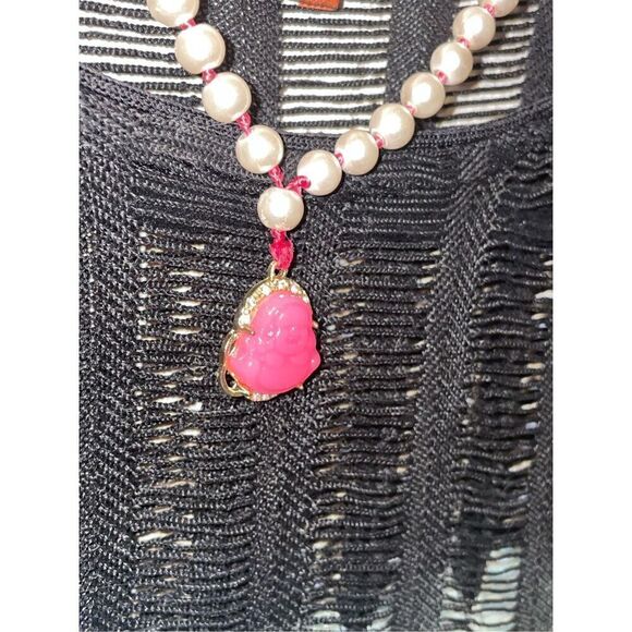 Custom Hand Knotted Cultured Pearl Necklace with Pink Jade Buddha - Picture 2 of 12